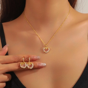 Pink heart crystal necklace and earrings set with gold plating and cubic zirconia
