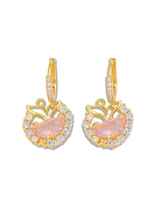 Detail of gold heart earrings with pink heart crystals and micro-pave cubic zirconia