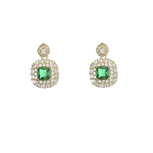 Vintage emerald-cut zircon earrings in gold finish with halo of micro-pave stones