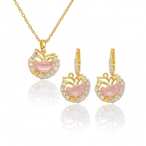 Stainless Steel Jewelry Gold Plated Pink Heart Crystal Rhinestone Mermaid Tail Pendant Necklace And Dangle Earrings For Women