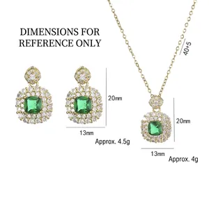 Square Emerald Green Zircon Pendant Necklace And Earrings Geometric Gold Plated Stainless Steel Jewelry For Women