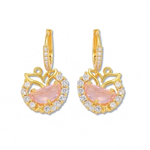 Elegant gold mermaid tail drop earrings with pink moonstone and zircon accents