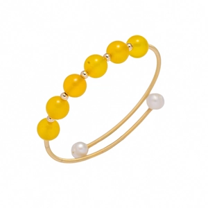 Bracciale Rigido Aperto in Rame Placcato Oro Vintage Con Perline di Agata Gialla E Künstliche Perle per Gioielli da Donna