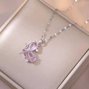 Collier Pendentif Cœur Acier Inoxydable Cristal Rose Nœud Künstliche Perle Bijoux Élégants Pour Femmes Accessoire De Mode