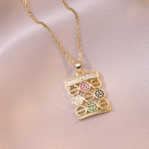 Pendant Necklace Stainless Steel Colorful Cubic Zirconia Hollow Geometric Rectangular Minimalist Jewelry For Women