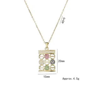 Gold titanium steel necklace with rectangular geometric pendant and colorful zircons