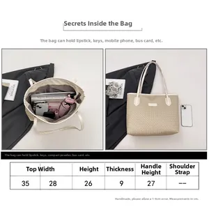 Detailed size chart and large capacity display for beige woven tote shoulder bag