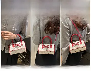 Detailed view showing crossbody, handbag, and shoulder carrying styles of the mini Boston bag