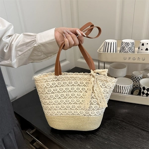 Summer Straw Woven Tote Bag Lace Crochet Bow Large Capacity Women Shoulder Beach Bag Casual Pastoral Style Handbag