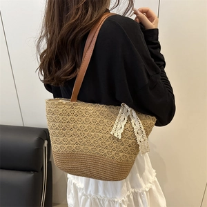 Hollow straw tote bag with lace bow and leather straps, large summer shoulder bag