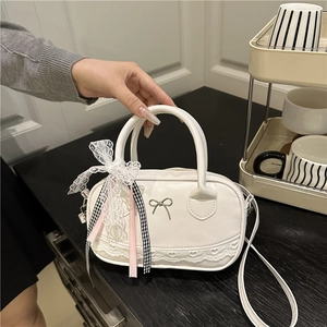 Women PU Leather Bowknot Lace Shoulder Bag Fashion Ribbon Decor Sweet Coquette Handbag Round Crossbody Bag For Daily Party