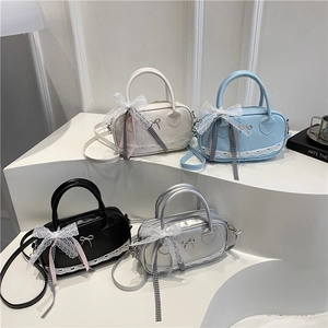 Vintage PU Leather Boston Handbag For Women Sweet Lace Bowknot Ribbon Crossbody Bag Fashion Zipper Small Square Bag