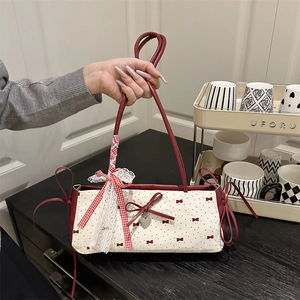 Sweet Shoulder Bag Women Bowknot Polka Dot PU Leather Canvas Heart Pendant Lace Checkered Ribbon Underarm Purse