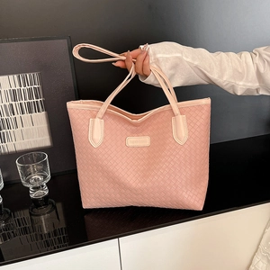 Woven Tote Bag PU Leather Large Capacity Shoulder Handbag For Women Minimalist Commuting Square Shape Solid Color