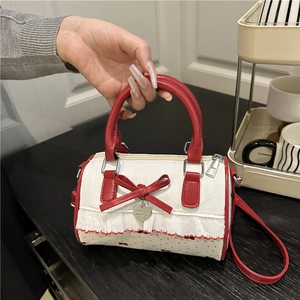Sweet Bowknot Cylinder Handbag Women Synthetic Leather Polka Dot Lace Crossbody Bag With Heart Pendant Small Boston Bag