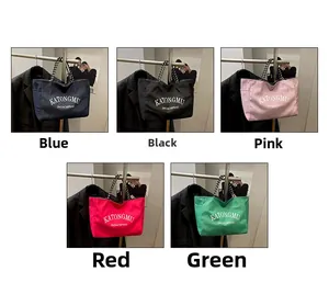 Collage of colorful waterproof nylon tote bags in blue, black, pink, red and green