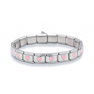 Italienisches Charm-Armband aus Edelstahl mit rosa Herz-Emaille Modulgliedern