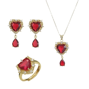 Elegantes Goldschmuck-Set mit rotem Herz-Zirkonia-Anhänger, Ohrringen und offenem Ring