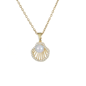 Elegant gold ginkgo leaf necklace with shell-shaped zircon pendant and white pearl