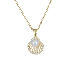 Elegant gold ginkgo leaf shell necklace with zircon crystals and a central white pearl