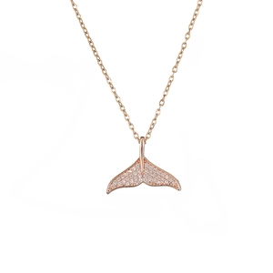 Rose gold fishtail pendant necklace with sparkling cubic zirconia on a white background