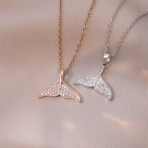 Elegant Whale Tail Pendant Necklace Stainless Steel With Zircon Minimalist Clavicle Chain Jewelry For Women