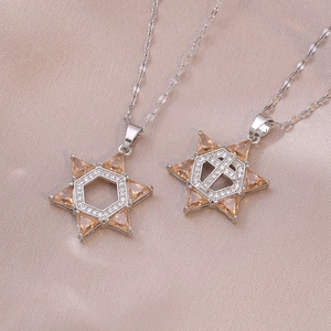 Collier Pendentif Croix Hexagramme Étoile De David Acier Titane Zircon Champagne Bijoux Religieux Élégant Cadeau
