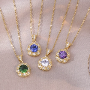 Blumen Anhänger Halskette Vergoldet Edelstahl Bunter Zirkonia Strass Floral Schlüsselbeinkette Für Damen Modeschmuck