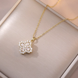 Collier À Pendentif Fleur Rotative Acier Inoxydable Zircon Design Trèfle Bijoux Élégants Pour Femmes Accessoire Mode