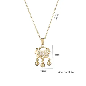 Collier avec pendentif serrure Ruyi rétro en acier titane doré 18 carats et cristaux