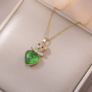 Trendy Bear Pendant Necklace Stainless Steel With Emerald Green Heart Gemstone And Zircon Pave For Women