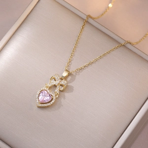 Collana Con Pendente A Fiocco Cuore Rosa Acciaio Inossidabile Zircone Intarsiato Gioielli Di Moda Per Donne