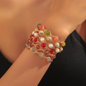 Five-piece wave multilayer beaded bracelet set with colorful gems and gold wire wrap