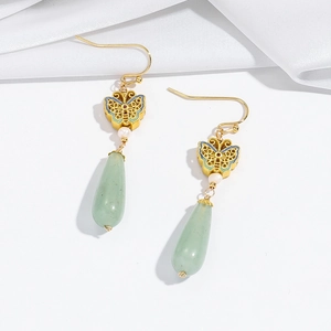 Vintage gold butterfly tassel earrings with green jade droplets and white pearls