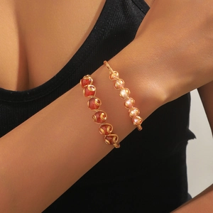 Handgefertigtes Wickelarmband-Set mit Erdbeerquarz und Naturperlen für Damen Mode