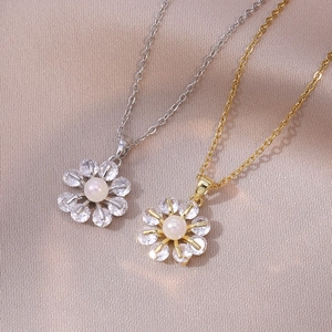 Elegante Halskette Mit Blumenanhänger Edelstahl Mit Kunstperle Und Zirkonia Süßer Schmuck Für Damen Mädchen