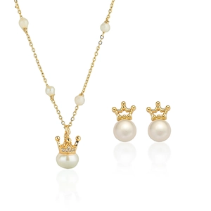 Crown Freshwater Pearl Copper Necklace And Earrings Rhinestone Retro Fashion Jewelry For Women Elegant