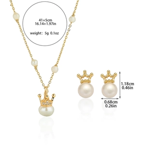 Golden crown freshwater pearl necklace and stud earrings jewelry set with size dimensions