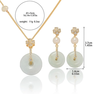 Elegant jewelry set with freshwater pearl and clover jade pendant necklace and earrings