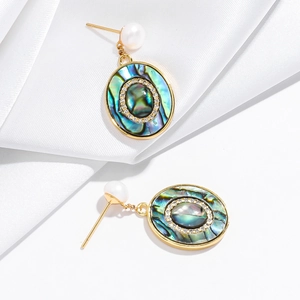 Detailaufnahme von Vintage-Ohrringen mit Abalone-Muschel, Perlen und Kristallen
