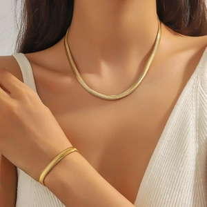 Parure de bijoux en acier titane doré avec collier serpent plat et bracelet