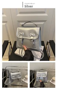 Détail du mini sac à dos argenté en similicuir avec reliefs nœuds et fini métallisé