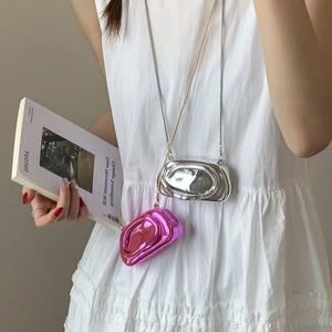 Vintage irregular geometric metallic mini clutch bag with chain in silver and magenta