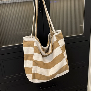 Striped Canvas Tote Bag Large Capacity Casual Shoulder Handbag For Women Korean Style Versatile Shopping Bag