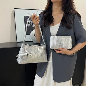 Silver woven textured shoulder bag and clutch set with metallic finish for women
