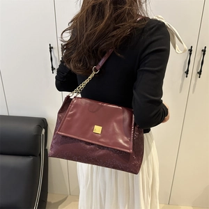 Women Shoulder Tote Bag PU Leather Snake Pattern Patchwork Gold Chain Square Buckle Large Capacity Crossbody Handbag Chic