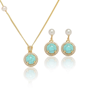 Vintage French Stainless Steel Turquoise Baroque Freshwater Pearl Necklace Earrings Jewelry Set Gold Plated Women Accessory Gift