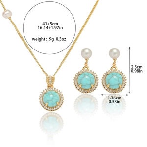 Bohemian jewelry set with turquoise flower pendant and baroque freshwater pearls in gold