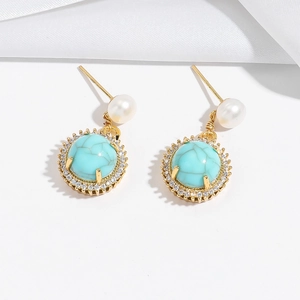 Baroque pearl and turquoise flower earrings with gold accents and sparkling crystals