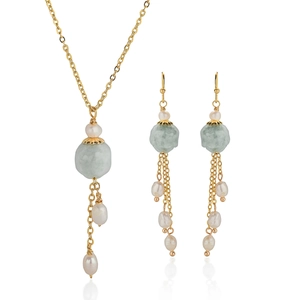 Parure de Bijoux Classique en Acier Titane Pour Femmes Aventurine Vert Clair Perle Artificielle Gland Long Pendentif Collier Boucles Oreilles Nouveau Style Chinois